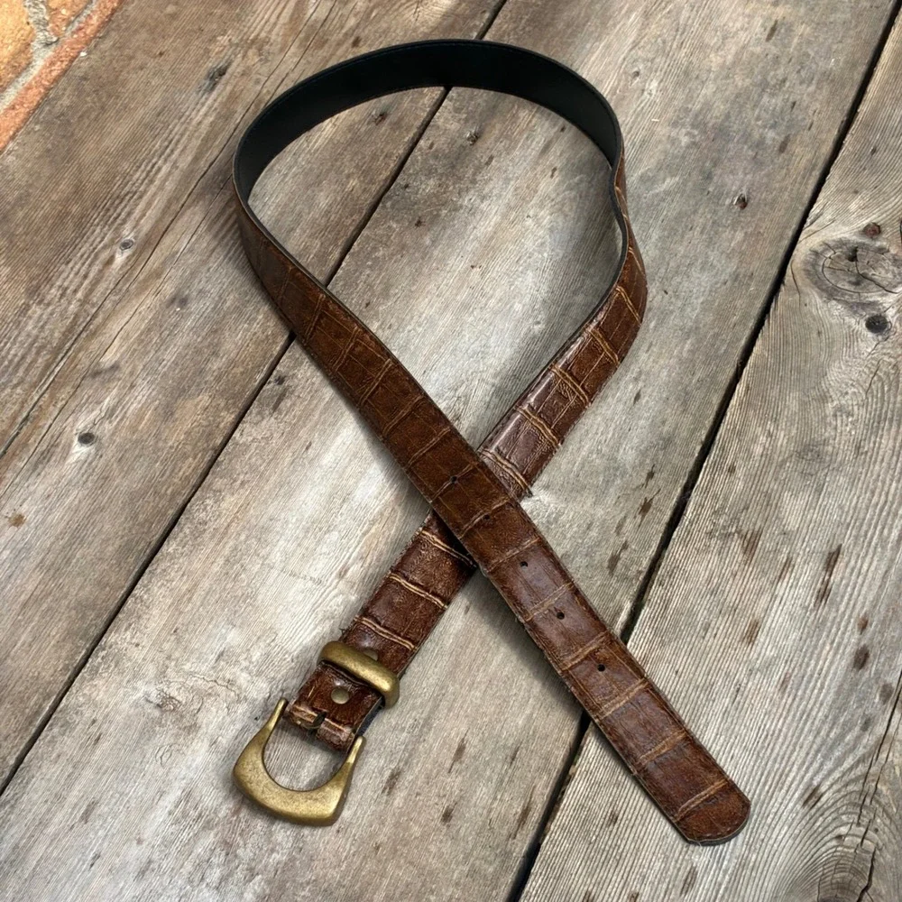 Vintage SLT Brown Alligator Croc Embossed Leather Belt 38 Antique Brass Buckle